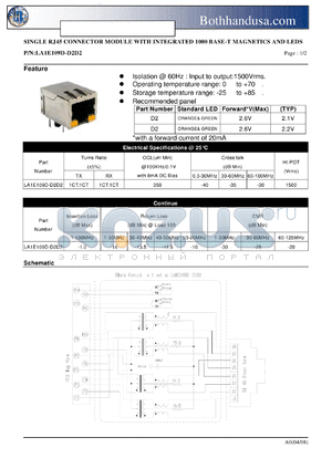 LA1E109D-D2D2 datasheet - SINGLE RJ45 CONNECTOR MODULE WITH INTEGRATED 1000 BASE-T MAGNETICS AND LEDS