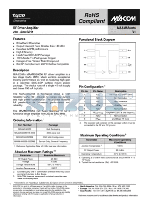 MAAMSS0056SMB datasheet - RF Driver Amplifier 250 - 4000 MHz