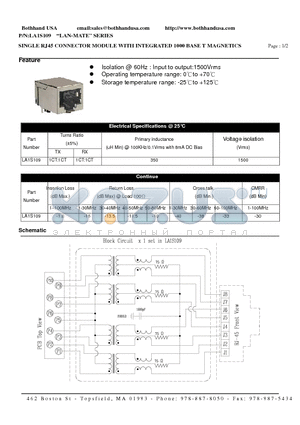 LA1S109 datasheet - SINGLE RJ45 CONNECTOR MODULE WITH INTEGRATED 1000 BASE T MAGNETICS