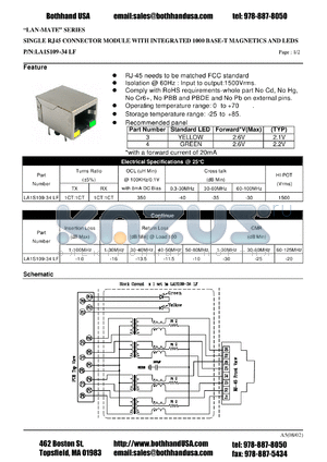 LA1S109-34LF datasheet - SINGLE RJ45 CONNECTOR MODULE WITH INTEGRATED 1000 BASE-T MAGNETICS AND LEDS
