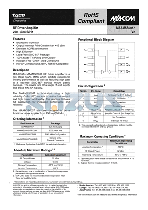 MAAMSS0057SMB datasheet - RF Driver Amplifier 250 - 4000 MHz