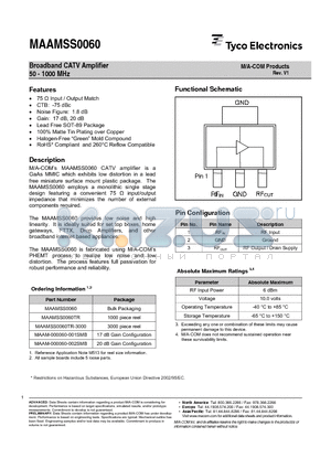 MAAMSS0060TR datasheet - Broadband CATV Amplifier 50 - 1000 MHz