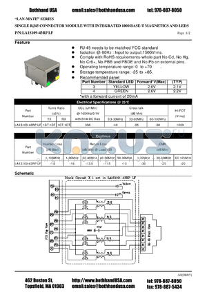 LA1S109-43RPLF datasheet - SINGLE RJ45 CONNECTOR MODULE WITH INTEGRATED 1000 BASE-T MAGNETICS AND LEDS