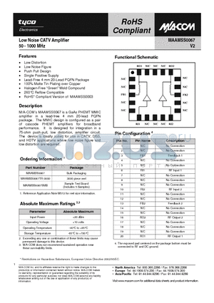 MAAMSS0067 datasheet - Low Noise CATV Amplifier 50 - 1000 MHz