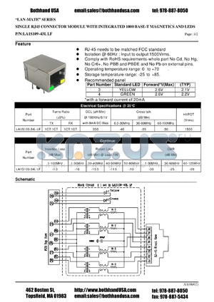 LA1S109-43LLF datasheet - SINGLE RJ45 CONNECTOR MODULE WITH INTEGRATED 1000 BASE-T MAGNETICS AND LEDS