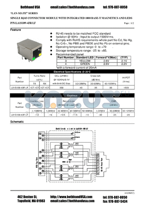 LA1S109-43RLF datasheet - SINGLE RJ45 CONNECTOR MODULE WITH INTEGRATED 1000 BASE-T MAGNETICS AND LEDS