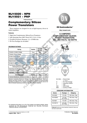 MJ15020G datasheet - Complementary Silicon Power Transistors