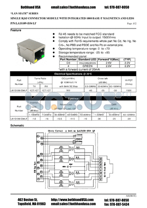 LA1S109-D34LF datasheet - SINGLE RJ45 CONNECTOR MODULE WITH INTEGRATED 1000 BASE-T MAGNETICS AND LEDS