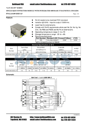 LA1S109-D3D3LF datasheet - SINGLE RJ45 CONNECTOR MODULE WITH INTEGRATED 1000 BASE-T MAGNETICS AND LEDS
