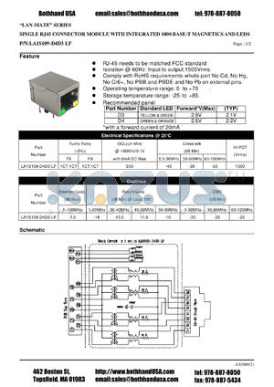 LA1S109-D4D3LF datasheet - SINGLE RJ45 CONNECTOR MODULE WITH INTEGRATED 1000 BASE-T MAGNETICS AND LEDS