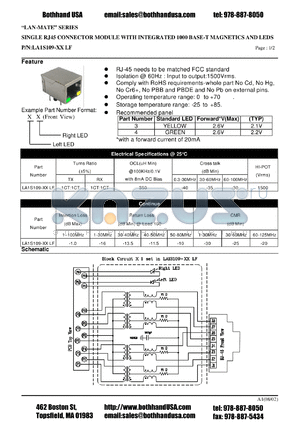 LA1S109-XXLF datasheet - SINGLE RJ45 CONNECTOR MODULE WITH INTEGRATED 1000 BASE-T MAGNETICS AND LEDS