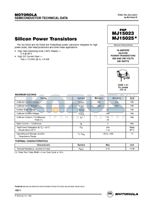 MJ15023 datasheet - 16 AMPERE SILICON POWER TRANSISTORS 200 AND 250 VOLTS 250 WATTS