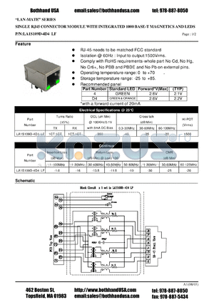 LA1S109D-4D4LF datasheet - SINGLE RJ45 CONNECTOR MODULE WITH INTEGRATED 1000 BASE-T MAGNETICS AND LEDS