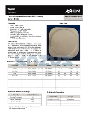 MAAN-000199-AT0000 datasheet - Circular Polarized Mono-Static RFID Antenna Europe & India