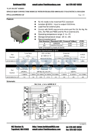 LA1S109D-D14LF datasheet - SINGLE RJ45 CONNECTOR MODULE WITH INTEGRATED 1000 BASE-T MAGNETICS AND LEDS