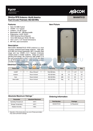 MAANAT0123 datasheet - Slimline RFID Antenna - North America Dual Circular Polarized, 902-928 MHz