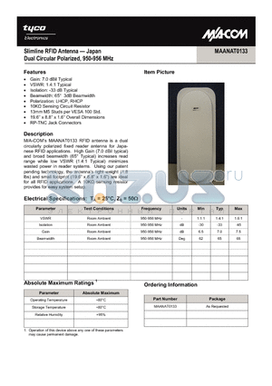 MAANAT0133 datasheet - Slimline RFID Antenna - Japan Dual Circular Polarized, 950-956 MHz