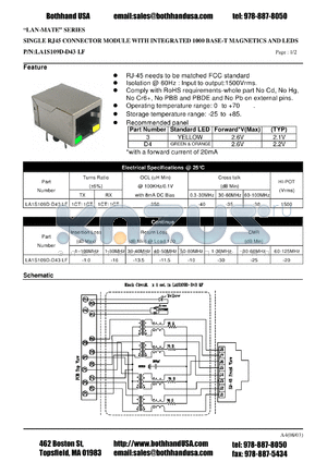 LA1S109D-D43LF datasheet - SINGLE RJ45 CONNECTOR MODULE WITH INTEGRATED 1000 BASE-T MAGNETICS AND LEDS