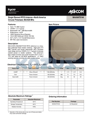 MAANAT0144 datasheet - Single Element RFID Antenna - North America Circular Polarized, 902-928 MHz