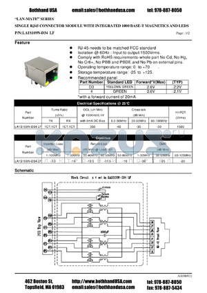 LA1S109N-D34LF datasheet - SINGLE RJ45 CONNECTOR MODULE WITH INTEGRATED 1000 BASE-T MAGNETICS AND LEDS