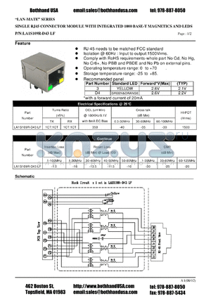 LA1S109R-D43LF datasheet - SINGLE RJ45 CONNECTOR MODULE WITH INTEGRATED 1000 BASE-T MAGNETICS AND LEDS