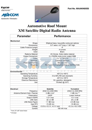 MAANIN0050 datasheet - Automotive Roof Mount XM Satellite Digital Radio Antenna