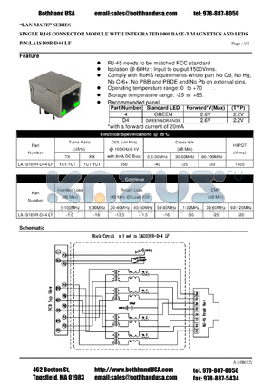 LA1S109R-D44LF datasheet - SINGLE RJ45 CONNECTOR MODULE WITH INTEGRATED 1000 BASE-T MAGNETICS AND LEDS