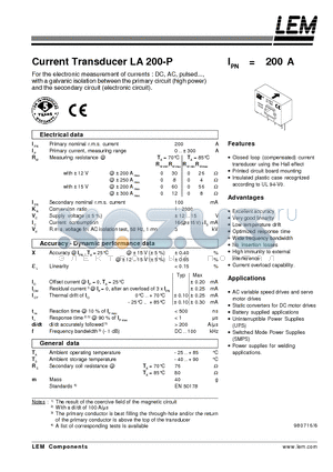 LA200-P datasheet - Current Transducer LA 200-P