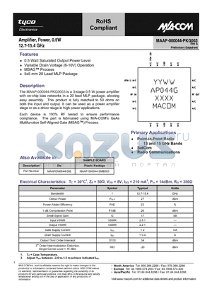 MAAP-000044-SMB003 datasheet - Amplifier, Power, 0.5W 12.7-15.4 GHz