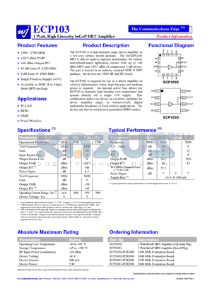 ECP103D-PCB2450 datasheet - 1 Watt, High Linearity InGaP HBT Amplifier