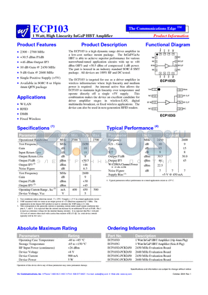 ECP103D-PCB2650 datasheet - 1 Watt, High Linearity InGaP HBT Amplifier