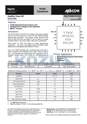 MAAP-000064-PKG003 datasheet - Amplifier, Power, 2W 6.5-9.5 GHz