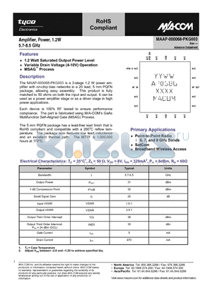 MAAP-000068-PKG003 datasheet - Amplifier, Power, 1.2W 5.7-8.5 GHz