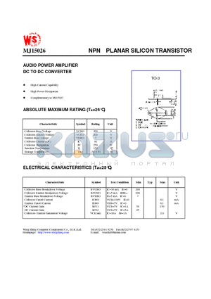 MJ15026 datasheet - NPN PLANAR SILICON TRANSISTOR(AUDIO POWER AMPLIFIER DC TO DC CONVERTER)