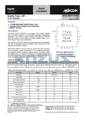 MAAP-000071-PKG003 datasheet - Amplifier, Power, 1.6W 12.75-15.35 GHz