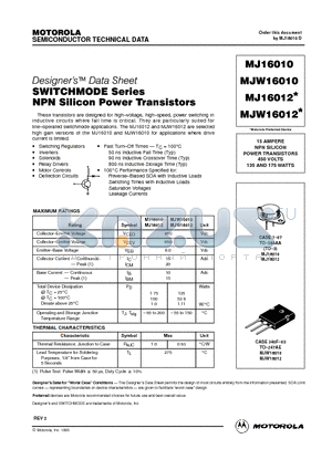 MJ16012 datasheet - 15 AMPERE NPN SILICON POWER TRANSISTORS 450 VOLTS 135 AND 175 WATTS