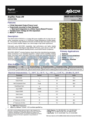 MAAP-000074-PED000 datasheet - Amplifier, Power, 8W 2.0-8.0 GHz