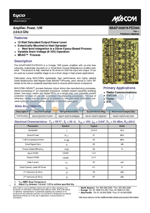 MAAP-000078-SMB004 datasheet - Amplifier, Power, 12W 2.0-6.0 GHz