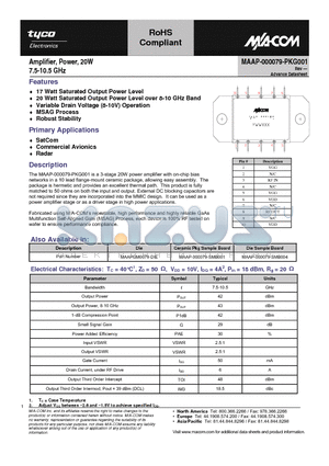 MAAP-000079-PKG001 datasheet - Amplifier, Power, 20W 7.5-10.5 GHz