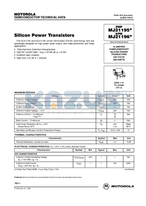 MJ21196 datasheet - COMPLEMENTARY SILICON POWER TRANSISTORS