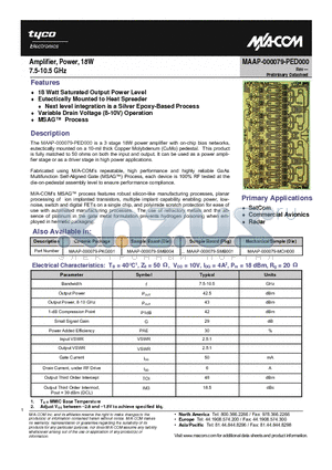 MAAP-000079-SMB001 datasheet - Amplifier, Power, 18W 7.5-10.5 GHz