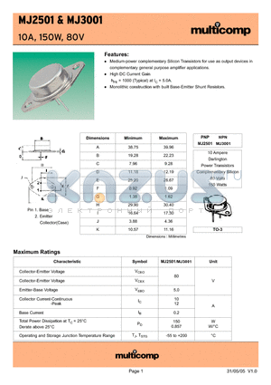 MJ2501 datasheet - 10 Ampere Darlington Power Transistors Complementary Silicon