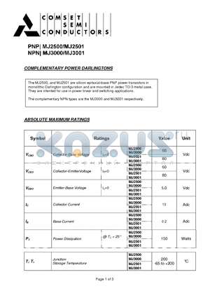 MJ2501 datasheet - COMPLEMENTARY POWER DARLINGTONS