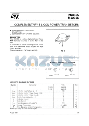 MJ2955 datasheet - COMPLEMENTARY SILICON POWER TRANSISTORS