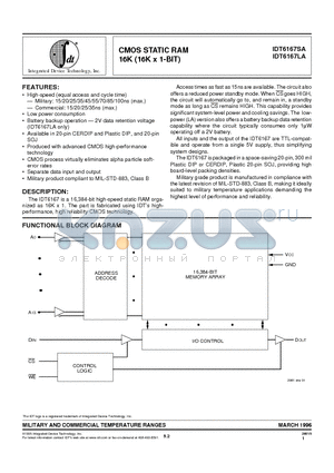 IDT6167SA70PB datasheet - CMOS STATIC RAM 16K (16K x 1-BIT)