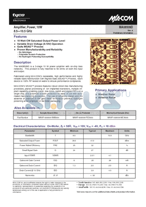 MAAP-008509-MCH000 datasheet - Amplifier, Power, 10W 8.5-10.5 GHz