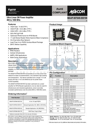 MAAP-007649-0001TR datasheet - Ultra Linear 2W Power Amplifier 800 to 1000 MHz