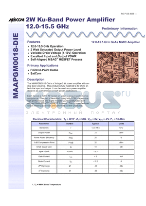 MAAPGM0018-DIE datasheet - 2W Ku-Band Power Amplifier 12.0-15.5 GHz