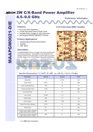 MAAPGM0021-DIE datasheet - 2W C/X-Band Power Amplifier 4.5-9.0 GHz