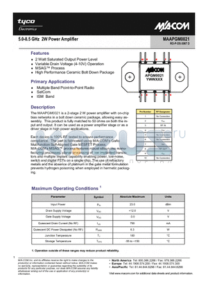 MAAPGM0021 datasheet - 5.0-8.5GHz 2W Power Amplifier